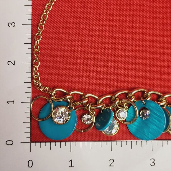 Guess Necklace Blue Teal Beads Gold Tone Clear Rhinestones - Picture 10 of 10